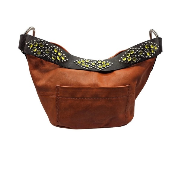 Gianni Bini Womens Zip Top Orange‎ Solid Leather Shoulder Handbag Jewel Strap - Picture 1 of 14